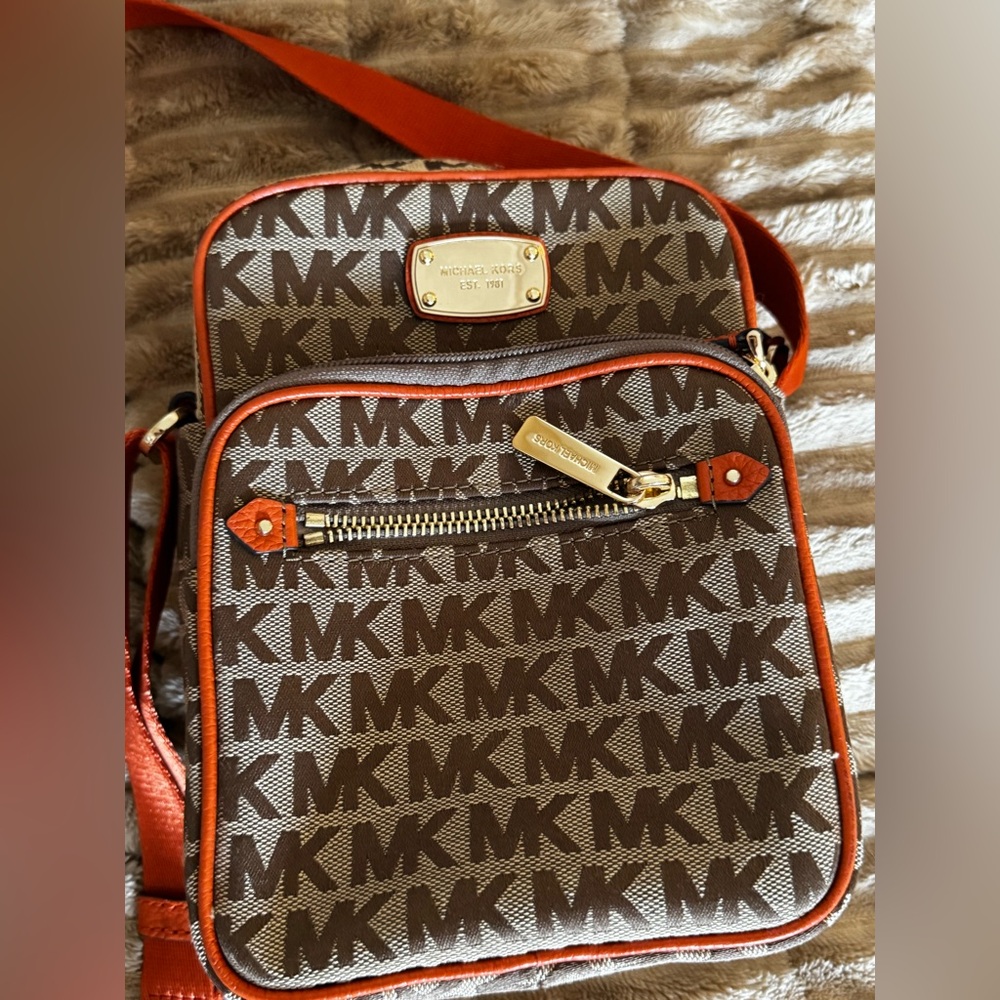 Michael Kors Jet Set Travel Brown Logo with Orange Trim Crossbody Bag